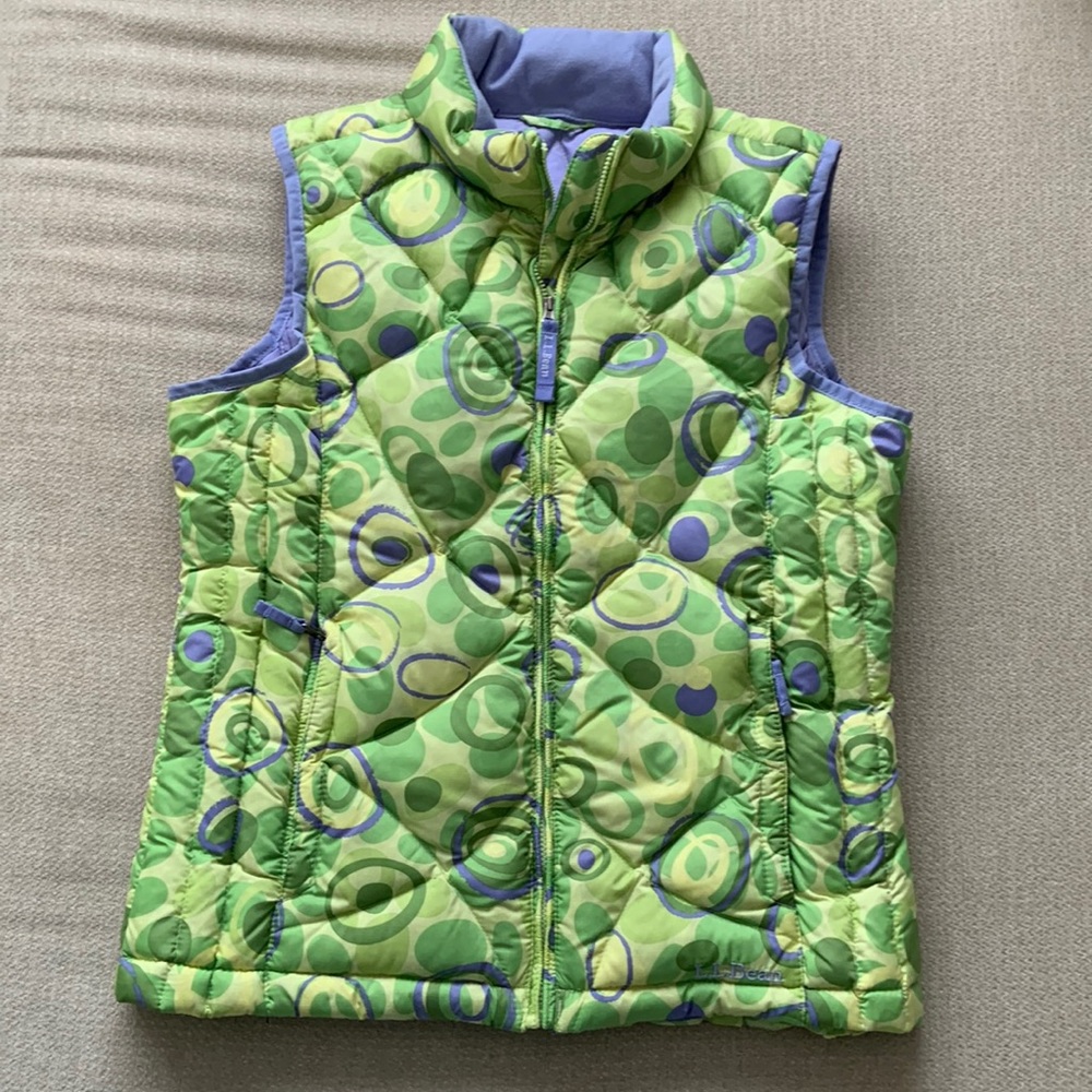 LL Bean | Girls Goose Down Puffer Vest Green Lavender Spots Dots Large 14-16